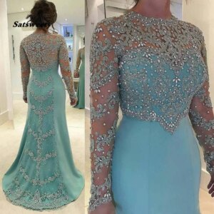 Special Beadings Mother Of The Bride Dresses Appliques Jewel Neck Illusion Long Sleeves A-line Formal Dinner Gowns