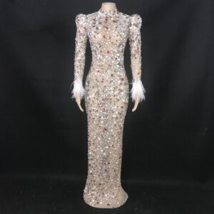 Sparkly crystal dress Rhinestone Transparent Dress Birthday Feather Sleeves wear Prom Dance Evening Costume