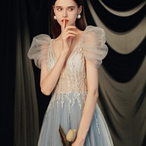 Luxury Blue Prom Dresses A Line V Neck Puff Sleeve Shiny Beaded Elegant Long Wedding Birthday Celebrities Princess Evening Gowns