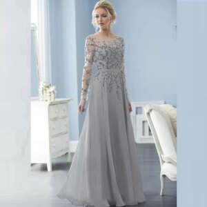 Silver Mother Of The Bride Dresses A-line Long Sleeves Chiffon Beaded Plus Size Long Groom Mother Dresses Wedding Customized