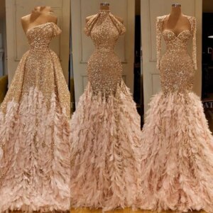 Customized Sequin Mermaid Feather African Prom Dresses Long Sleeve One Shoulder Evening GownGraduation Formal Dress