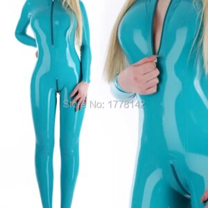 Sky blue WOMEN LATEX CATSUIT front zip and crotch zip