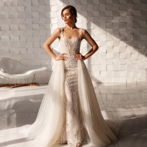 Customized Gorgeous Princcess Wedding Dresses Sexy Backless Button Spaghetti Strap Sleeveless Detachable Tail Beautiful Bridal G