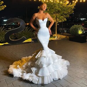 Sexy Off The Shoulder Mermaid African Prom Dresses 2025 for Bride Ruffles Satin White Birdal Evening Party Gowns Vestidos Noiva