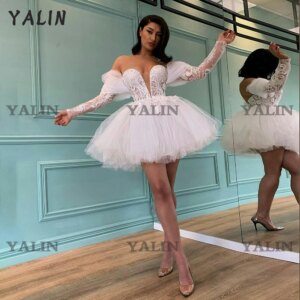 Customized 2022 New Short Wedding Prom Dresses High Low Fluffy White Tulle With Detachable Train Sexy Deep V-neck Tiered Mesh G