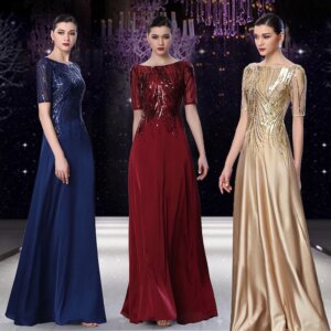 Golden Burgundy Mother of the Bride Dresses O Neck A-Line Satin Half Sleeves Blue Sequin Formal Prom Gowns For Wedding Guest