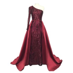 Customized Elegant Arabic Women One Shoulder Burgundy Lace Applique Formal Evening Dress With Detachable Train Party Gowns