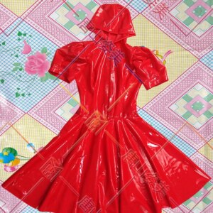 LATEX DRESS WOMEN SEXY LATEX SUMMER DRESS WITH HAT FRONT ZIP Puff sleeve