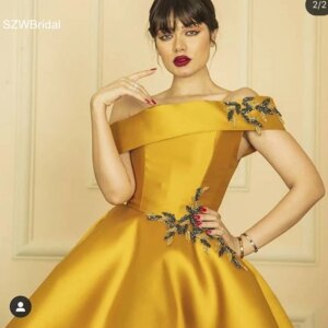 Custom made Gold Yellow Ball gown evening dresses 2025 Crystals Beading evening gown Dubai Arabic Muslim evening dress Plus size