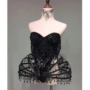 Stage Performance Bling Dresses Black Sexy Crystal beads Bodysuit Dress Dance Wear Nightclub Shining Costume Outfit