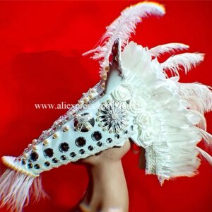 party Horse Head Headdress White feather Ballroom Headwear Stage dance cosplay Catwalk Show Model Pearl Feather Headgear mask