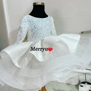 Sequined  Flower Girl Dresses with Detachable Train Long Sleeve Wedding Gowns First Communion Pagean Kids  Wears