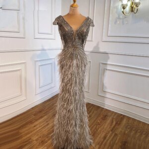 Women Long feather Party Dress Sexy Singer Stage Show Elagant Luxury Evening Dresses