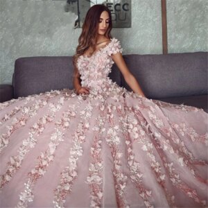 Dubai Pink 3D Flower Quinceanera Dresses 2025 Custom Chic Turkish Islamic Aibye V Neck Prom Birthday Gowns Saudi Arabia
