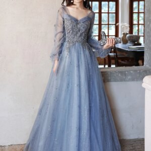 Long Sleeve Blue Evening Dresses For Wedding Party Luxury Appliques A-Line Floor-Length Fancy Tulle Women Formal Gowns