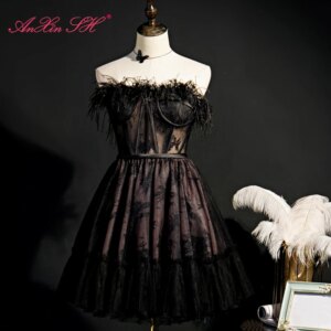 AnXin SH Luxury princess black feather lace host strapless sleeveless party short customized evening dress little black dress