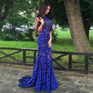 Customized Blue Mermaid Evening Dresses Women Formal Party Robe De Soiree Elegant Beads Lace Vestidos Maxi Long Prom Dress