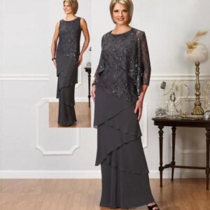 With Jacket Mother Of The Bride Dresses A-line Chiffon Lace Beaded Tiered Long Groom Mother Dresses For Weddings Customized