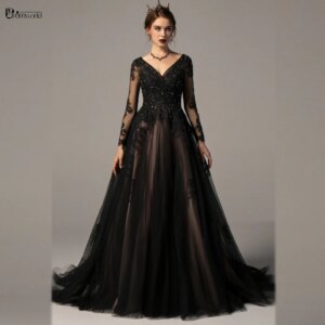 Floral Gothic Black Long Sleeves Prom Dresses 2024 Sexy V-Neck Lace Beaded A-Line Evening Dresses Plus Size Open Back Vestidos