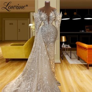 Muslim Formal Long Sparkly Evening Dresses Robes De Soirée Plus Size Mermaid Champagne Party Gowns 2021 Plus Size Prom Dress