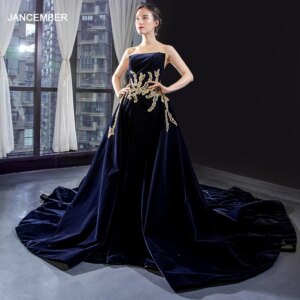 J66680 jancember navy blue evening dress 2019 sexy strapless boat neck backless evening party gown with belt vestido longo festa