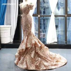 RSM66749 shiny mermaid wedding guest dress off the shoulder sweetheart lace up back trumpet evening dress with train abendkleid