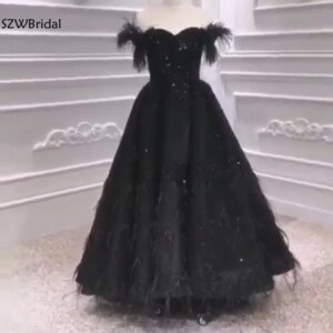 Custom made Muslim evening dress 2025 Prom Black Feather Beading Evening gown Dubai Arabic long dresses evening Party dress
