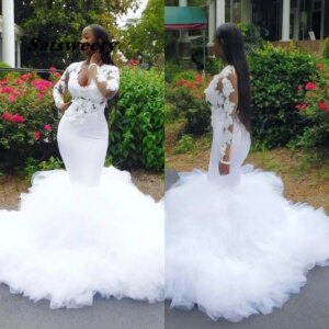 African Mermaid Wedding Dresses Ruffles 3D Lace Appliques Plus Size Wedding Dress Illusion Long Sleeves Bridal vestidos de novia