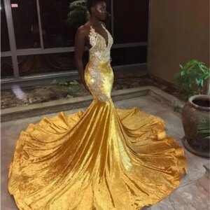 African Arabic Gold Mermaid Prom Dresses 2025 with Appliques Lace Halter Sequined Formal Evening Gowns Robe De Soriee