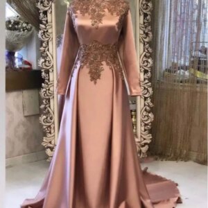 Custom Made Satin Long Sleeve Evening Dresses Lace Crystal Beaded Diamonds فساتين السهرة Luxury Muslim Evening Gowns EV02