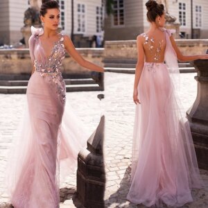 Sexy Sheer Backless Pink Mermaid Formal Evening Dresses Tulle Lace Long Prom Dress Appliques 3D Floral Party Gowns Customized