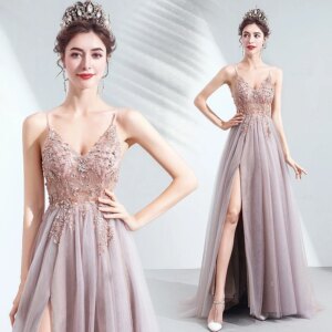 Elegant Prom Dresses Beading Dusty Pink High Split Spaghetti Strap V-Neck A-Line Backless Banquet Ladies Celebrity Gown 2024 New