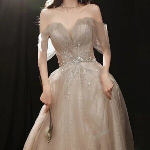 Khaki Evening Dresses Boat Neck Appliques Off The Shoulder Pleated Long A-Line Sequins Tulle Elegant Formal Party Prom Gowns