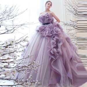 Strapless 3D Flowers Wedding Dresses Purple Lavender Ball Gown Fluffy Ruffles Floral Evening Dress Witn Train Ever Pretty Gowns
