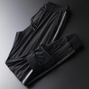 Inner Velvet Mens Luxury Side Ribbon Elastic Waist Black Man Pants Autumn And Winter Slim Fit Male Trousers 4XL