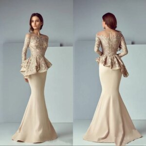Dubai Arabic Champagne Lace Stain Peplum Mermaid Mother of the Bride Dresses Long Sleeve Evening Formal gowns customsized