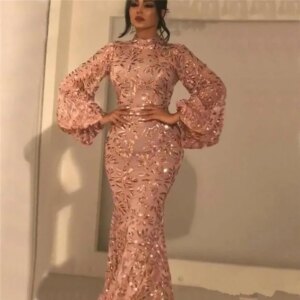 Customized Muslim Flare Sleeve Mermaid Sequins Prom Dresses Arabic Dubai Karftan Sparkly Pink Prom Evening Gowns