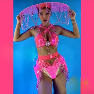 Sexy Pink gogo costume transparent crystal pendant headwear girl nightclub stage dance team costumes