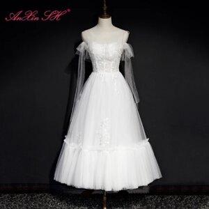 AnXin SH Luxury princess white lace bow party illusion beach o neck big bow rose princess evening dress little white dress