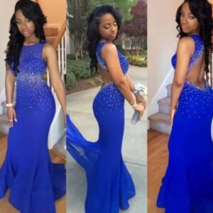 Sexy Mermaid Prom Dresses Royal Blue Crew Neck Beaded Crystal Floor Length Backless Formal Evening Gown Vestidos Robe De Soiree