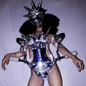 future technology Silver Mirror disco costume Halloween stage performance Cosplay motobike woman led costumes space show