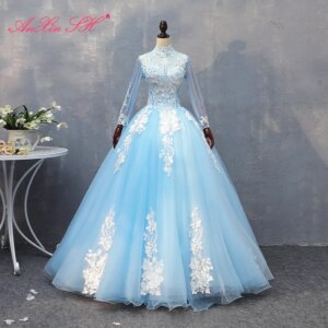 AnXin SH Princess blue lace o neck white flower beading crystal high neck long sleeve stage ball gown customized evening dress