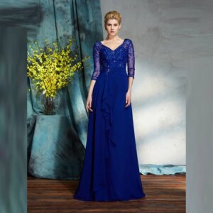 Blue Mother Of The Bride Dresses A-line 3/4 Sleeves Chiffon Appliques Beaded Long Groom Mother Dresses For Weddings Customized