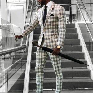 Gentleman Check Mens Suits Plus Size Groom Men Business Pants Suit Tailored Plaid Prom Party Wedding Tuxedos (jacket+pants)