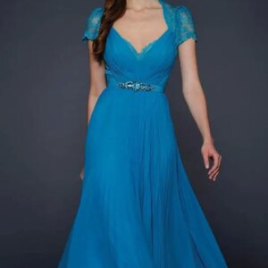 vestido longo Blue V-Neck Short Sleeve Sash Ruffles Chiffon Full-length lace evening Dresses 2025 robe demoiselle d’honneur