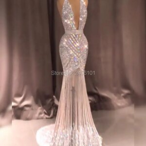 Luxury Deep V Neck Strap Prom Dress 2022 Handmade Diamond Beaded Embroidery Small Trailing Floor Party Dress Supports Customized