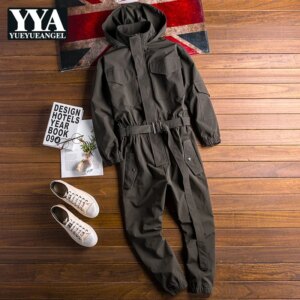 Autumn New Mens Hoody Overalls Long Sleeve Jumpsuit Joggers Cargo Pants Hip Hop Casual Jumpsuits Sashes One Piece Rompers