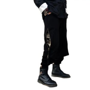 Hidden Golden Dragon Embroidered Zippers Black Full Length Pants Men Boys Trousers Chinese Style Streetwear High Street Loose