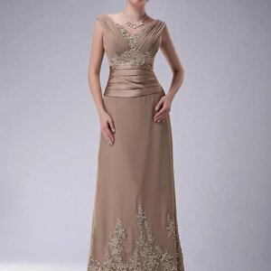 Vintage Khaki Mother of the Bride Dresses V-Neck A-Line Sleeveless Lace Applique Beads Formal Wedding Party Evening Prom Gowns