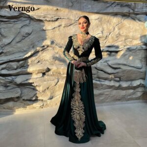 Verngo Green Velvet Kaftan Women Evening Dresses Long Sleeves Lace Applique V Neck Women Formal Dress Arabic Party Prom Gown